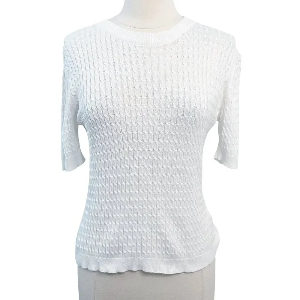 LAURA ASHLEY Vintage Short Sleeve White Cable Knit Cotton Sweater White Medium - Picture 3 of 14